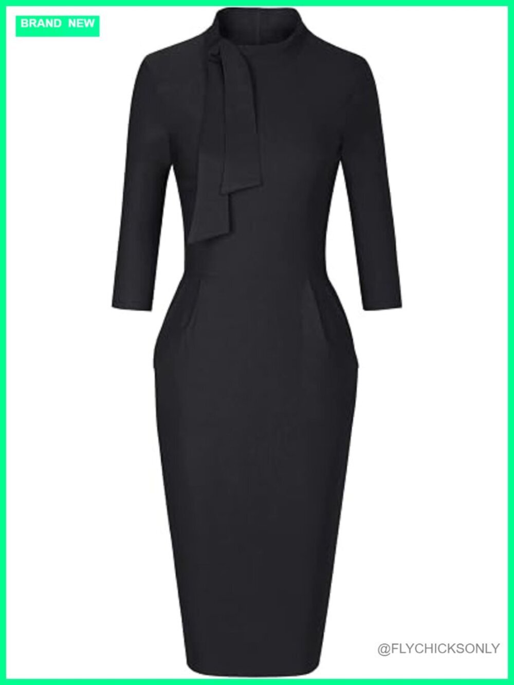 Midi Pencil Bodycon Dress 3/4 Sleeve Tie Neck with Pockets